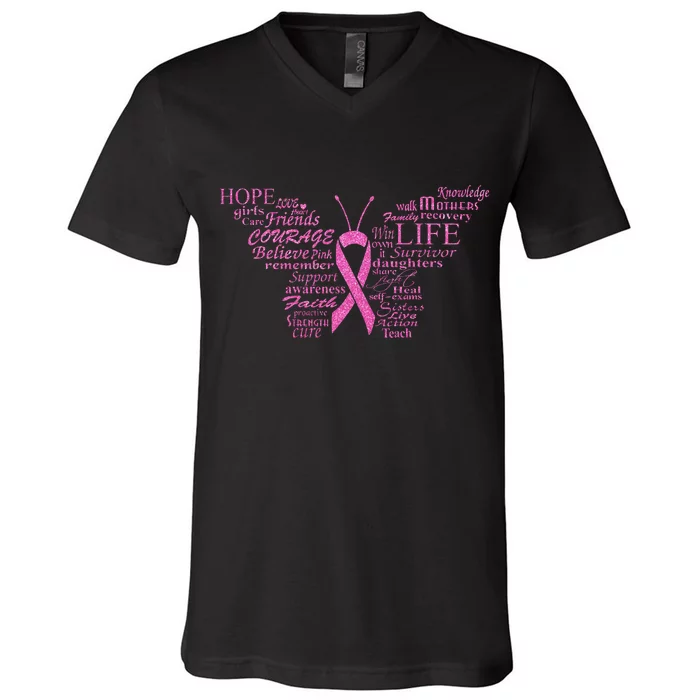 Breast Cancer Awareness Butterfly Ribbon Quotes V-Neck T-Shirt