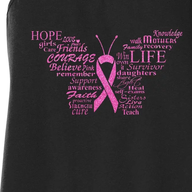 Breast Cancer Awareness Butterfly Ribbon Quotes Women's Racerback Tank