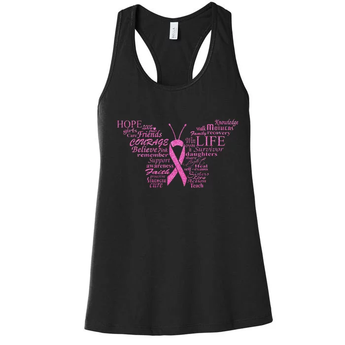 Breast Cancer Awareness Butterfly Ribbon Quotes Women's Racerback Tank