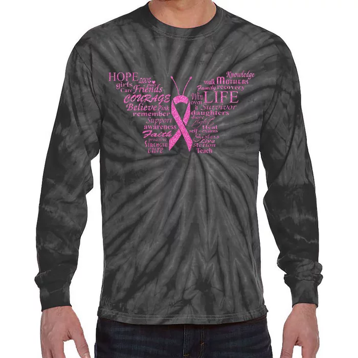 Breast Cancer Awareness Butterfly Ribbon Quotes Tie-Dye Long Sleeve Shirt