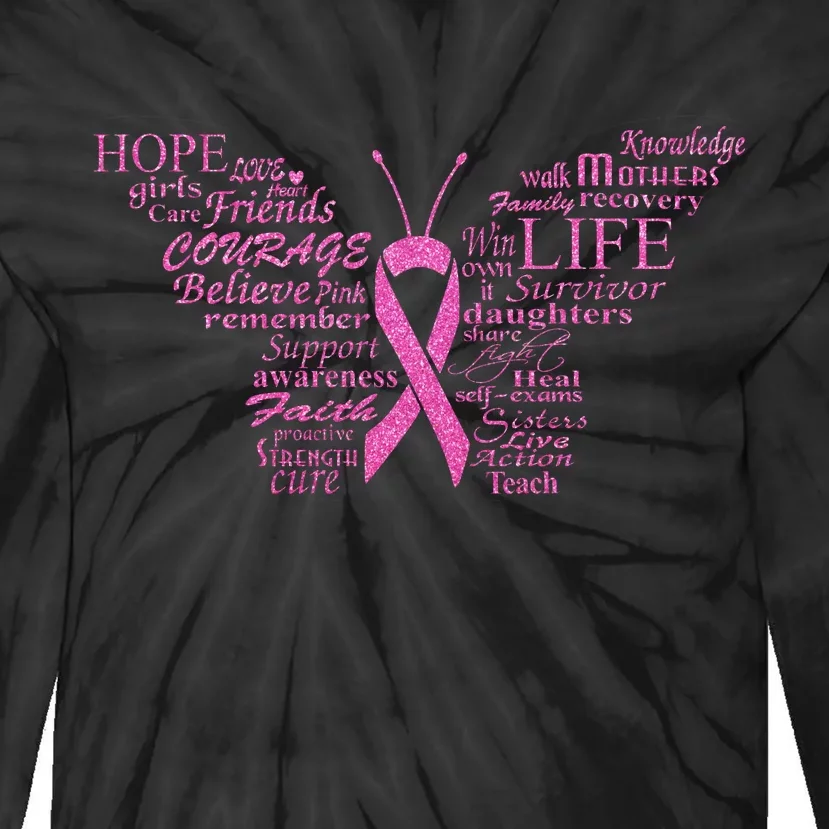 Breast Cancer Awareness Butterfly Ribbon Quotes Tie-Dye Long Sleeve Shirt