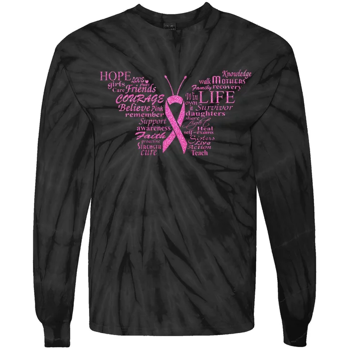 Breast Cancer Awareness Butterfly Ribbon Quotes Tie-Dye Long Sleeve Shirt