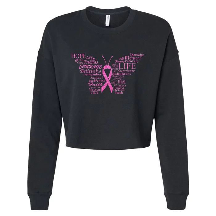 Breast Cancer Awareness Butterfly Ribbon Quotes Cropped Pullover Crew