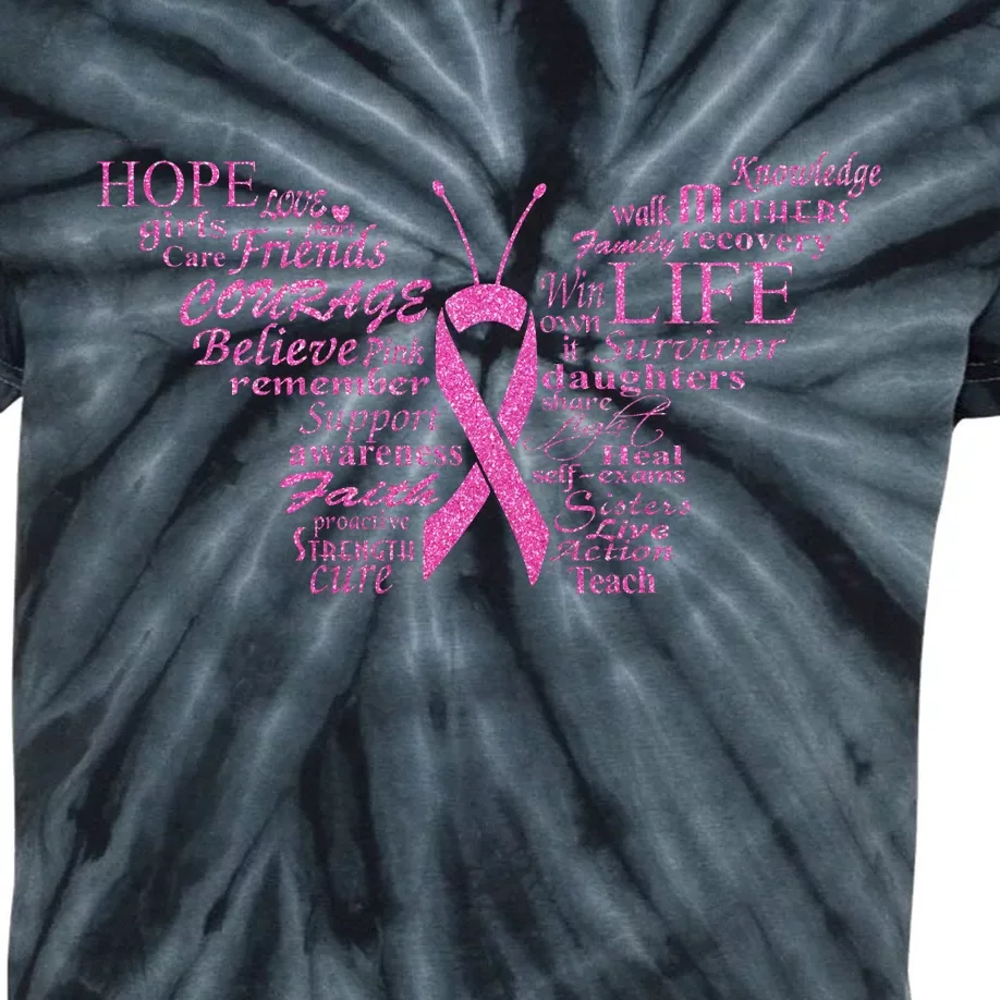 Breast Cancer Awareness Butterfly Ribbon Quotes Kids Tie-Dye T-Shirt