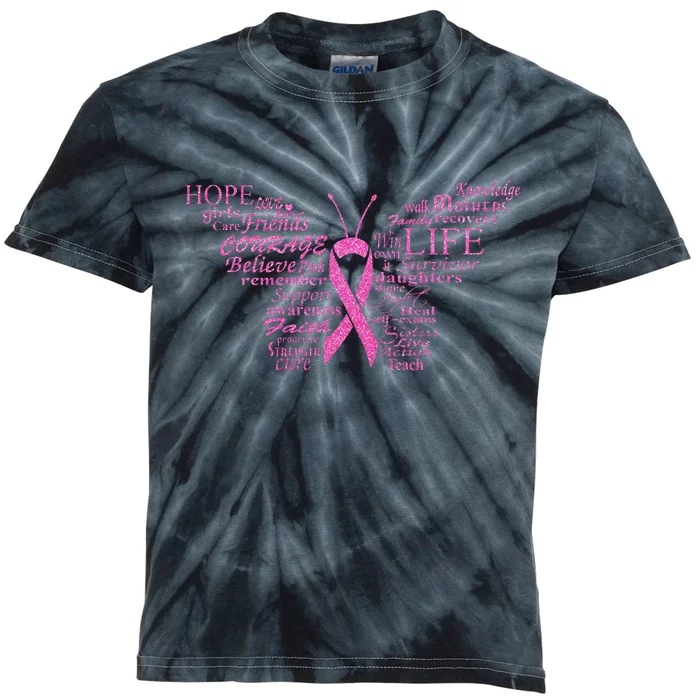 Breast Cancer Awareness Butterfly Ribbon Quotes Kids Tie-Dye T-Shirt