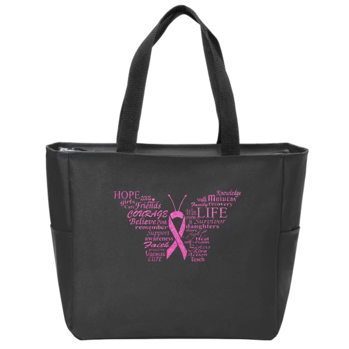 Breast Cancer Awareness Butterfly Ribbon Quotes Zip Tote Bag