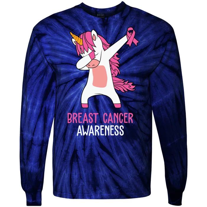 Breast Cancer Awareness Unicorn Ribbon Tie-Dye Long Sleeve Shirt