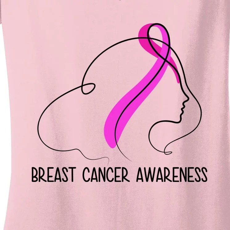 Breast Cancer Awareness Ribbon Girl Outline Women's V-Neck T-Shirt