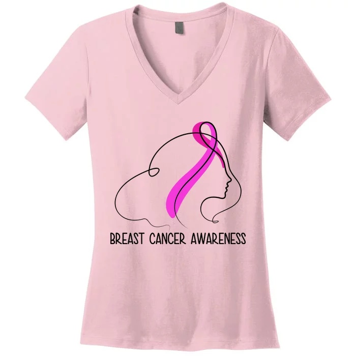 Breast Cancer Awareness Ribbon Girl Outline Women's V-Neck T-Shirt