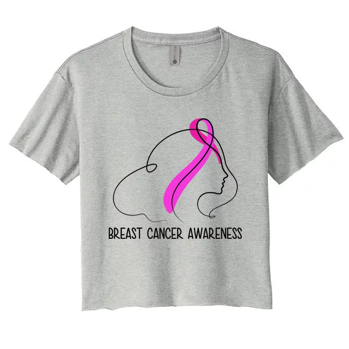 Breast Cancer Awareness Ribbon Girl Outline Women's Crop Top Tee