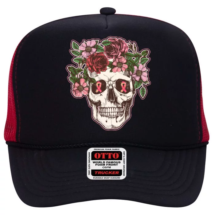 Breast Cancer Awareness Floral Flower Skull High Crown Mesh Trucker Hat