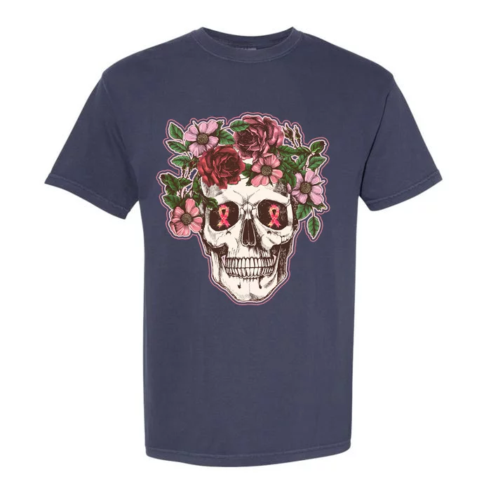 Breast Cancer Awareness Floral Flower Skull Garment-Dyed Heavyweight T-Shirt