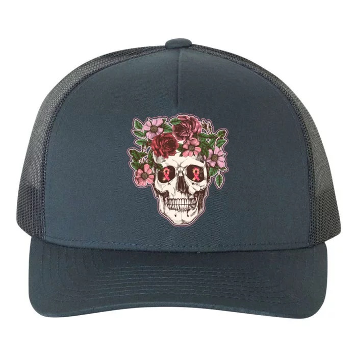 Breast Cancer Awareness Floral Flower Skull Yupoong Adult 5-Panel Trucker Hat