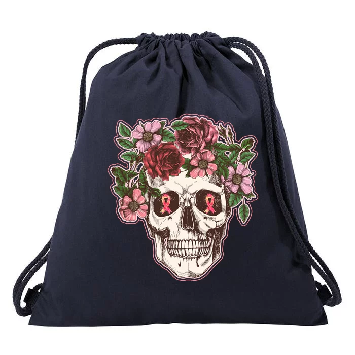 Breast Cancer Awareness Floral Flower Skull Drawstring Bag