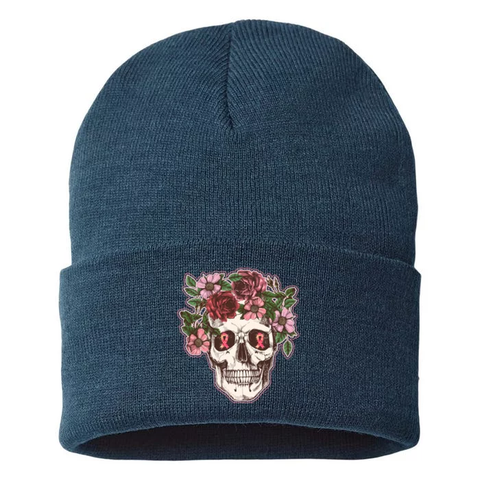 Breast Cancer Awareness Floral Flower Skull Sustainable Knit Beanie