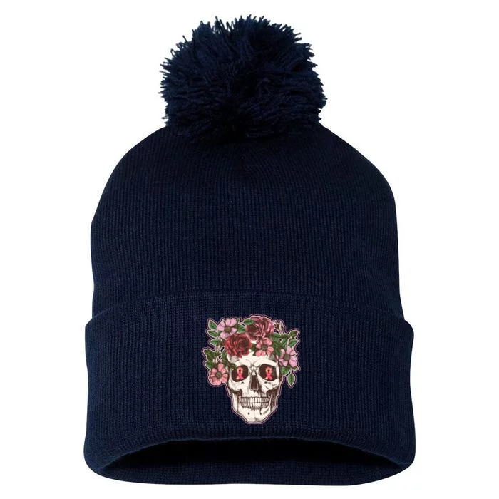 Breast Cancer Awareness Floral Flower Skull Pom Pom 12in Knit Beanie