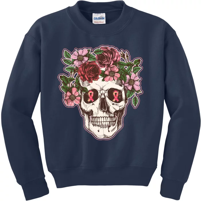 Breast Cancer Awareness Floral Flower Skull Kids Sweatshirt