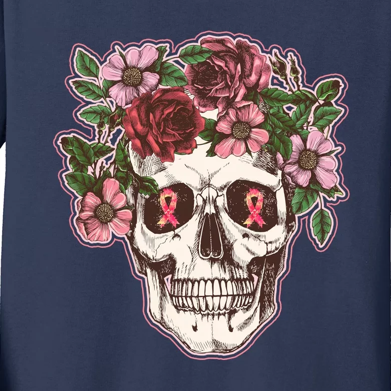 Breast Cancer Awareness Floral Flower Skull Kids Long Sleeve Shirt