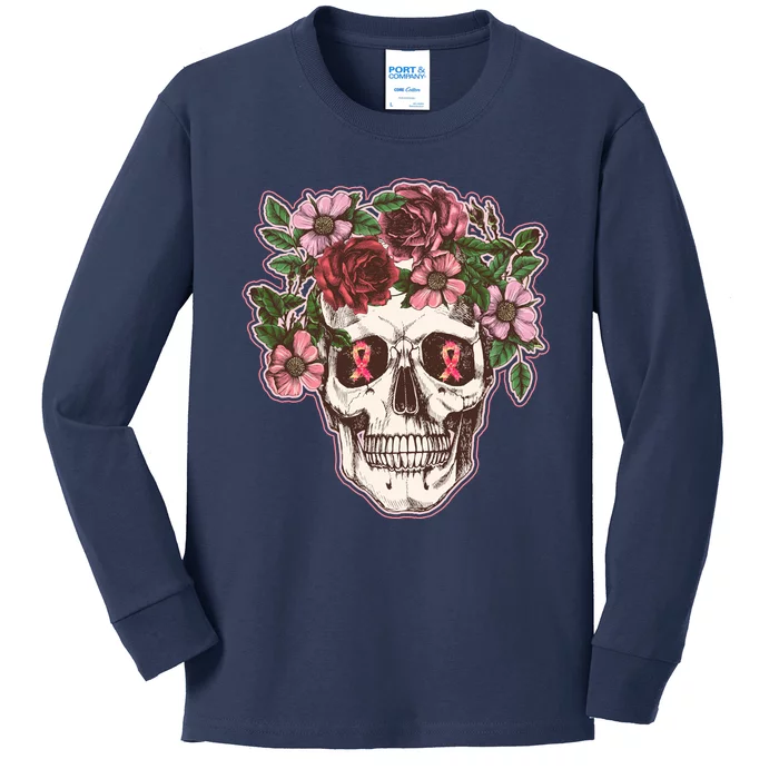 Breast Cancer Awareness Floral Flower Skull Kids Long Sleeve Shirt