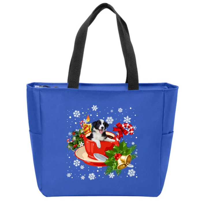 Border Collie And Coffee Christmas Snow Lights Pajamas Xmas Gift Zip Tote Bag