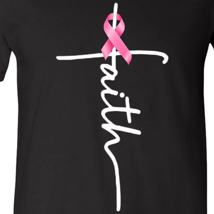 Breast Cancer Awareness Faith Cross Pink Ribbon V-Neck T-Shirt