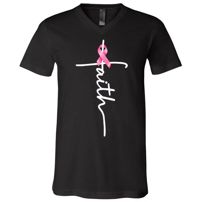 Breast Cancer Awareness Faith Cross Pink Ribbon V-Neck T-Shirt