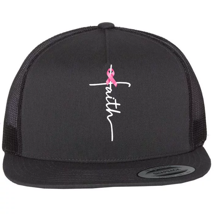 Breast Cancer Awareness Faith Cross Pink Ribbon Flat Bill Trucker Hat