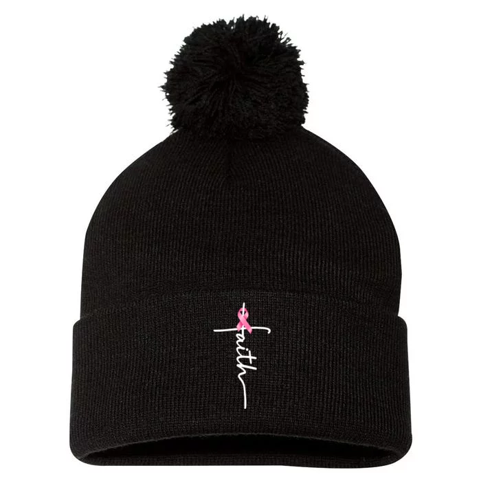 Breast Cancer Awareness Faith Cross Pink Ribbon Pom Pom 12in Knit Beanie