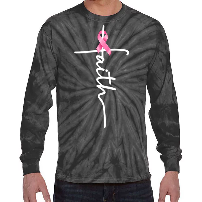 Breast Cancer Awareness Faith Cross Pink Ribbon Tie-Dye Long Sleeve Shirt