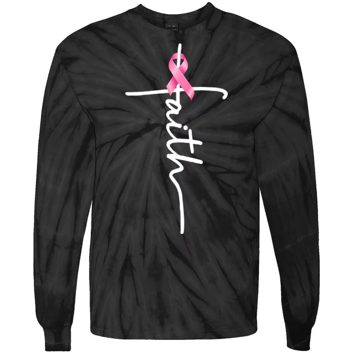 Breast Cancer Awareness Faith Cross Pink Ribbon Tie-Dye Long Sleeve Shirt