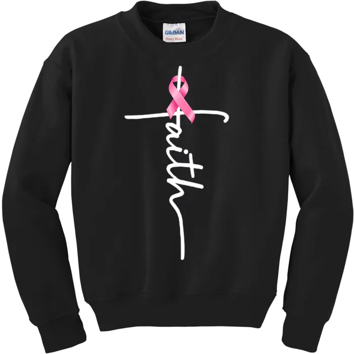 Breast Cancer Awareness Faith Cross Pink Ribbon Kids Sweatshirt