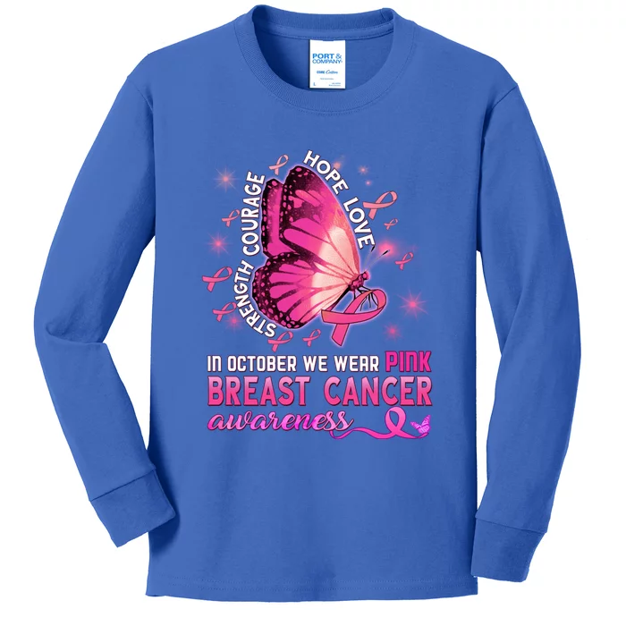 Breast Cancer Awareness In October Wear Pink Butterfly Gift Kids Long Sleeve Shirt