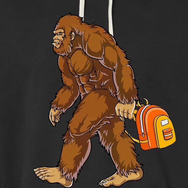 Bigfoot Carrying A Backpack Sasquatch Back To School Funny Garment-Dyed Fleece Hoodie