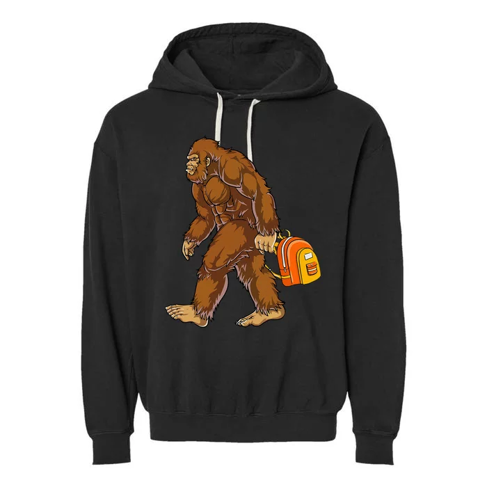 Bigfoot Carrying A Backpack Sasquatch Back To School Funny Garment-Dyed Fleece Hoodie