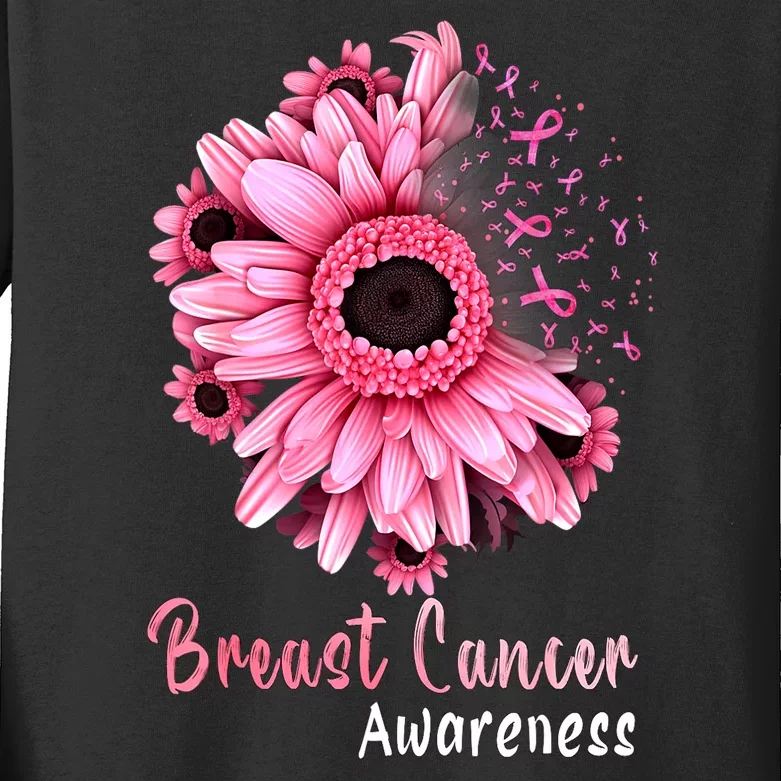 Breast Cancer Awareness Sunflower Pin.K Ribbon In October Gift Kids Long Sleeve Shirt