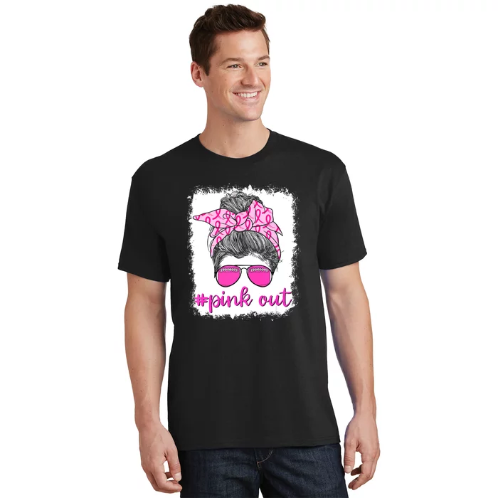 Breast Cancer Awareness Pink Out Football Messy Bun Bleached Gift T-Shirt