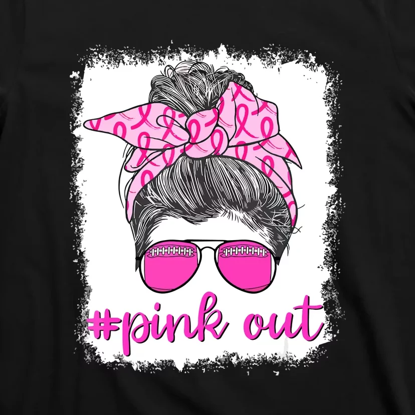 Breast Cancer Awareness Pink Out Football Messy Bun Bleached Gift T-Shirt