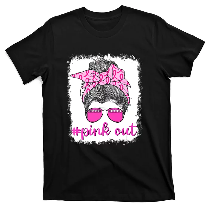 Breast Cancer Awareness Pink Out Football Messy Bun Bleached Gift T-Shirt