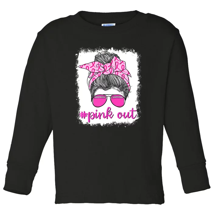 Breast Cancer Awareness Pink Out Football Messy Bun Bleached Gift Toddler Long Sleeve Shirt