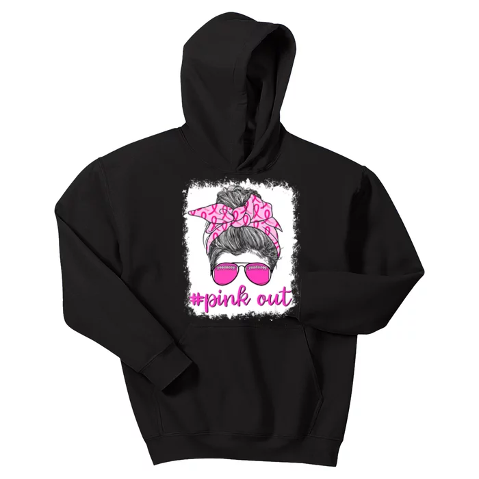 Breast Cancer Awareness Pink Out Football Messy Bun Bleached Gift Kids Hoodie