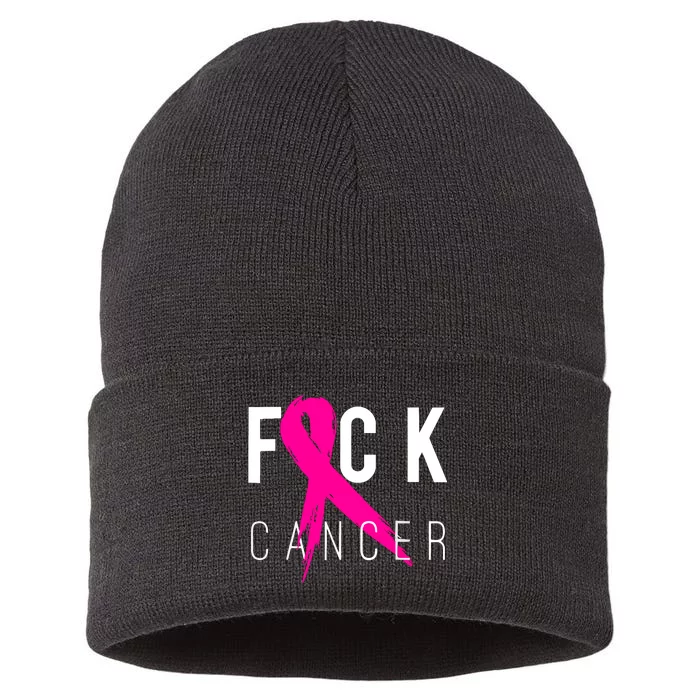 Breast Cancer Awareness Gift Fuck Cancer Retro Distressed Sustainable Knit Beanie