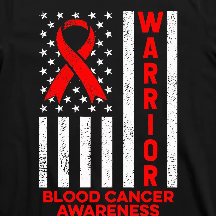 Blood Cancer Awareness Warrior American Flag Red Ribbon T-Shirt