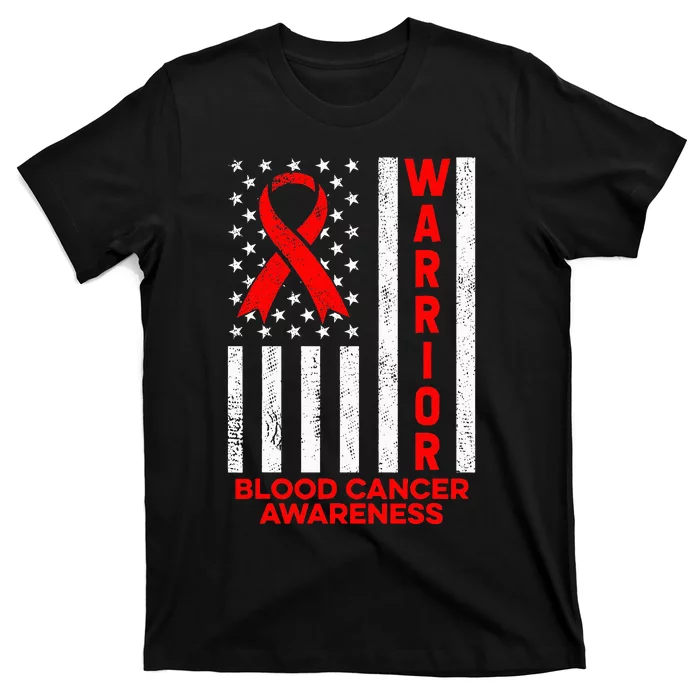 Blood Cancer Awareness Warrior American Flag Red Ribbon T-Shirt