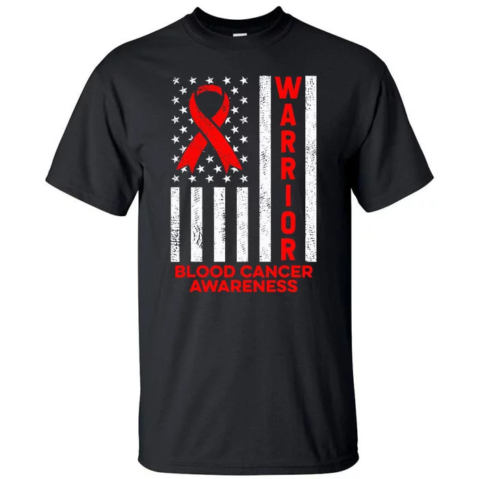 Blood Cancer Awareness Warrior American Flag Red Ribbon Tall T-Shirt