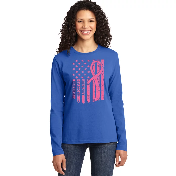 Breast Cancer Awareness Flag USA Breast Cancer Warrior Ladies Long Sleeve Shirt