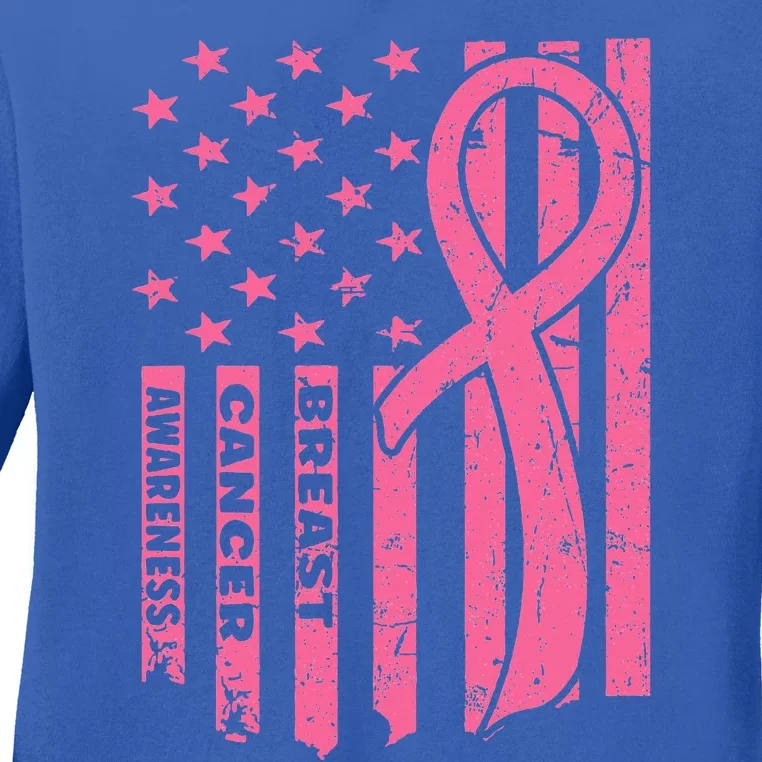 Breast Cancer Awareness Flag USA Breast Cancer Warrior Ladies Long Sleeve Shirt