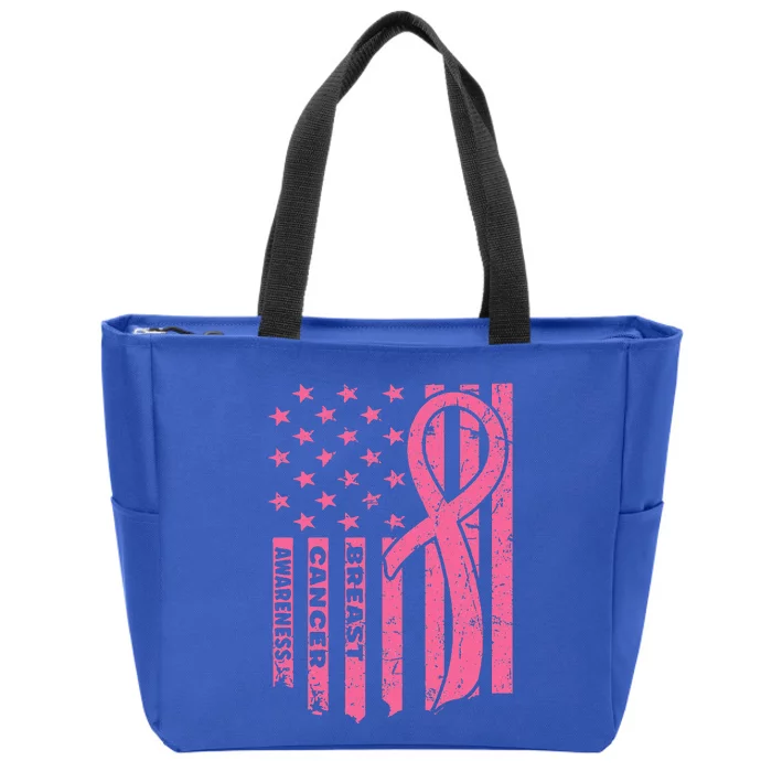 Breast Cancer Awareness Flag USA Breast Cancer Warrior Zip Tote Bag