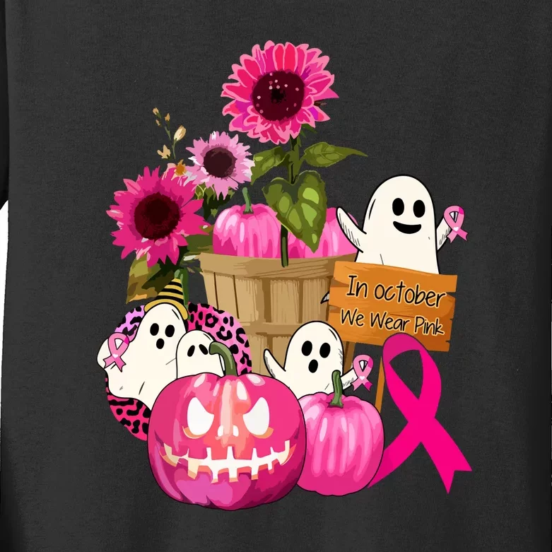 Breast Cancer Awareness Cute Ghosts And Pink Ribbon Pumpkins Gift Kids Long Sleeve Shirt