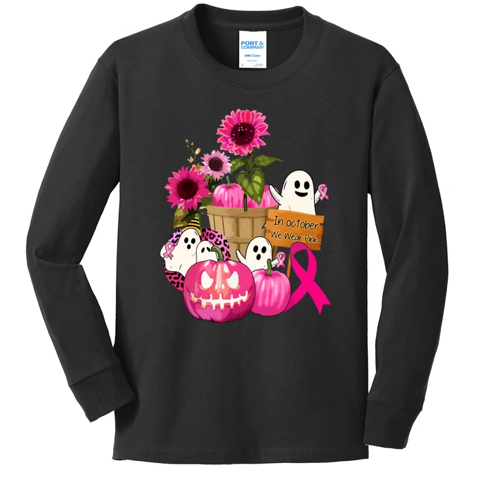 Breast Cancer Awareness Cute Ghosts And Pink Ribbon Pumpkins Gift Kids Long Sleeve Shirt