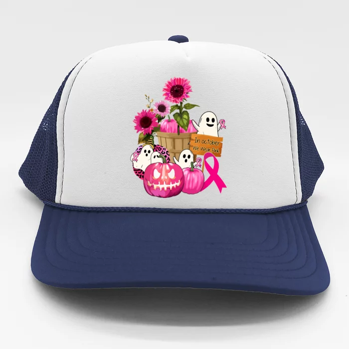 Breast Cancer Awareness Cute Ghosts And Pink Ribbon Pumpkins Gift Trucker Hat